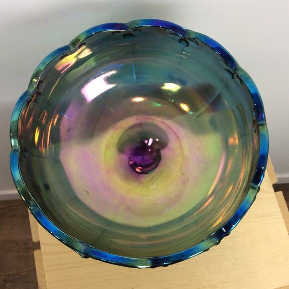 Indiana Glass LG Pedestal Bowl Carnival Glass Peacock Blue Garland Iridescent - Picture 3 of 4